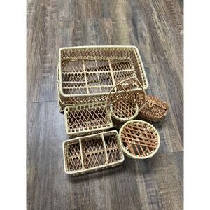 Vintage Wicker Rattan Miniature Furniture Basket Set 6pc Boho Peacock Chair Tray